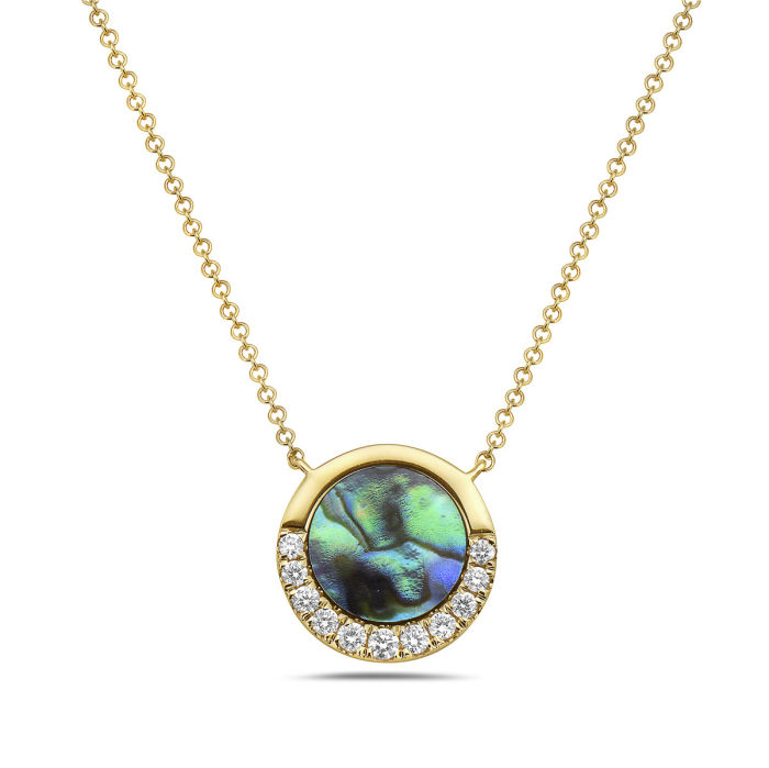 Natural Abalone & Diamond Crescent Halo Medallion Necklace in 14K Yellow Gold by Bassali