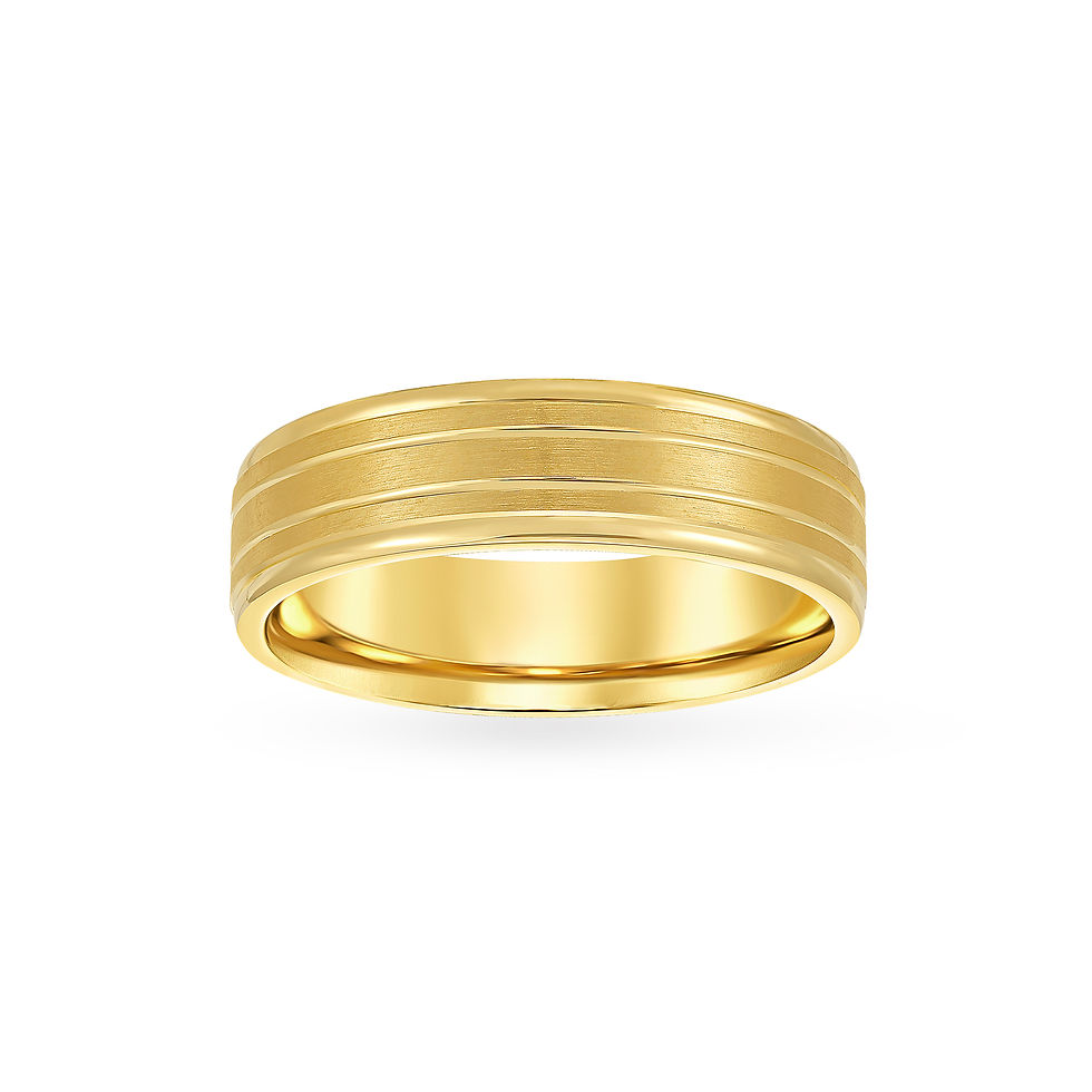 Four Groove Flat Band men's wedding band, 14K yellow gold, 6 mm front view, Midas MB000441