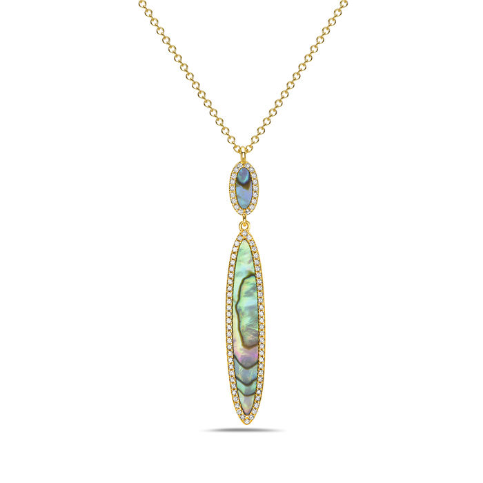 Natural Abalone & Diamond Feather Drop Necklace in 14K Yellow Gold by Bassali