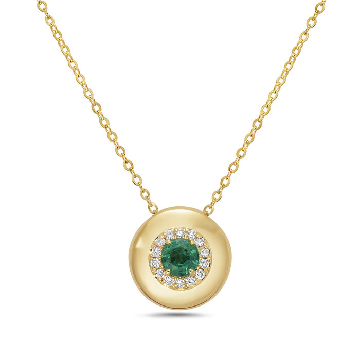 Natural Emerald & Diamond Halo Disc Necklace in 14K Yellow Gold by Bassali