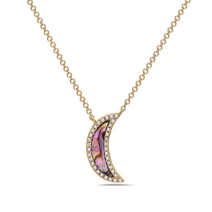 Natural Abalone & Diamond Crescent Moon Necklace in 14K Yellow Gold by Bassali