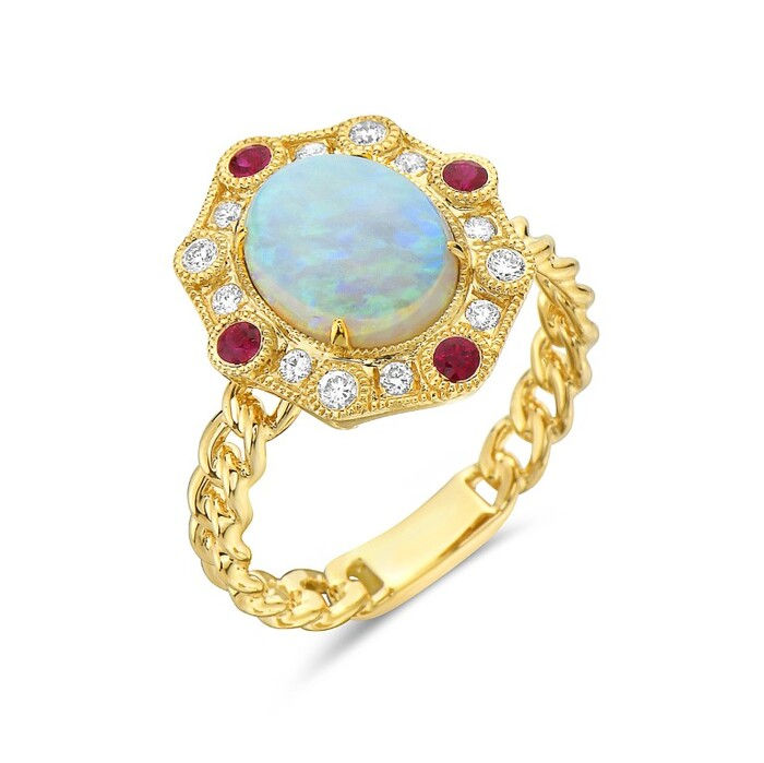 Natural Opal Ruby & Diamond Octagonal Halo Ring in 14K Yellow Gold by Bassali