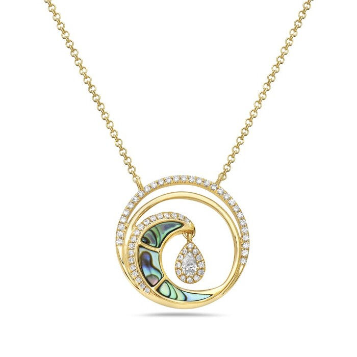 Natural Abalone & Diamond Crescent Moon Drop Necklace in 14K Yellow Gold by Bassali
