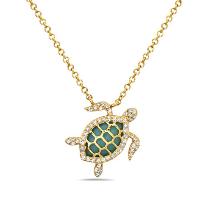 Natural Abalone & Diamond Sea Turtle Necklace in 14K Yellow Gold by Bassali