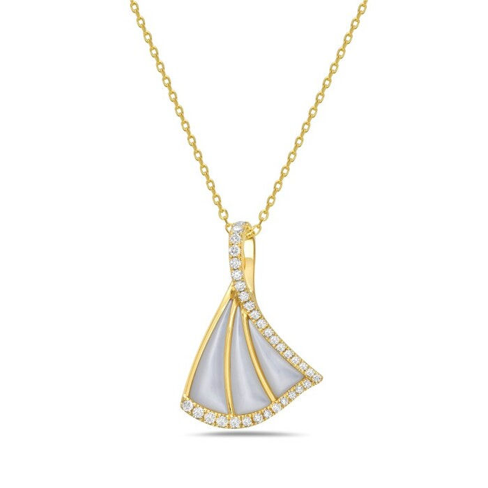 Natural Mother-of-Pearl & Diamond Fan Pendant in 14K Yellow Gold by Bassali