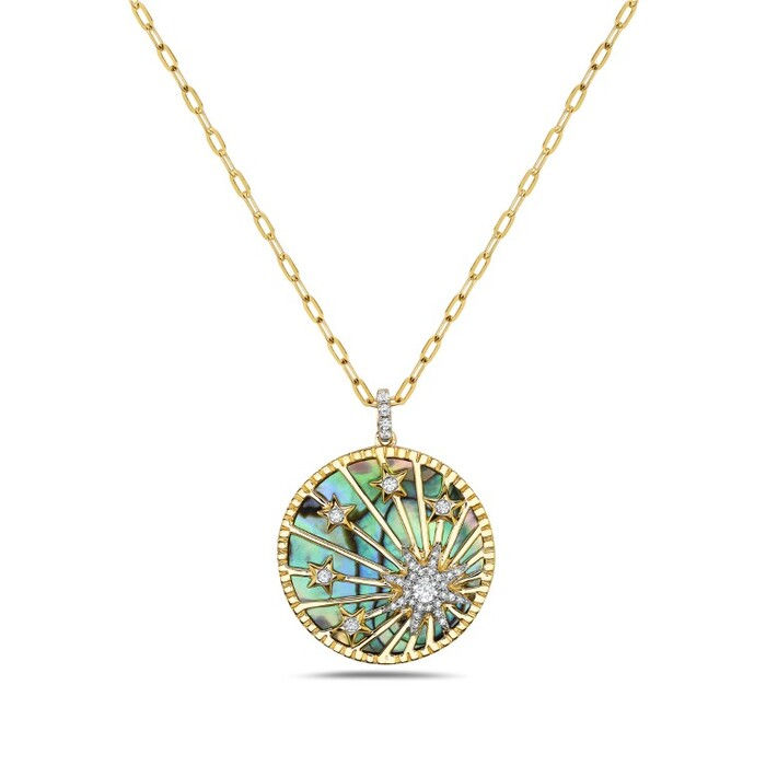 Natural Abalone & Diamond Radiant Sunburst Medallion Necklace in 14K Yellow Gold by Bassali