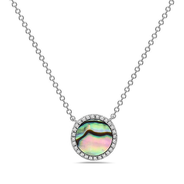 Natural Abalone & Diamond Round Halo Necklace in 14K White Gold by Bassali
