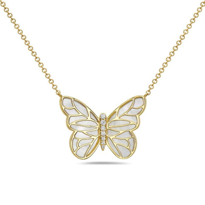 Natural Mother-of-Pearl & Diamond Butterfly Necklace in 14K Yellow Gold by Bassali