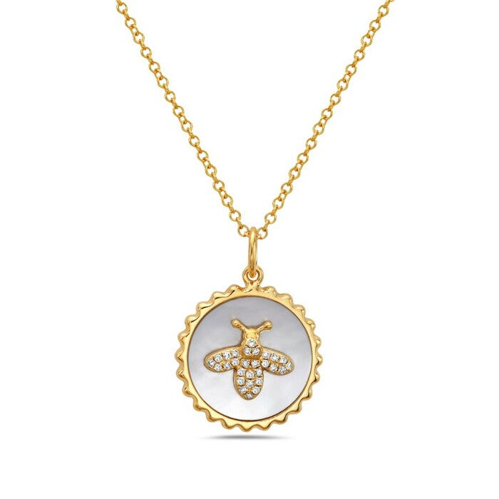 Natural Mother-of-Pearl & Diamond Bee Medallion Necklace in 14K Yellow Gold by Bassali