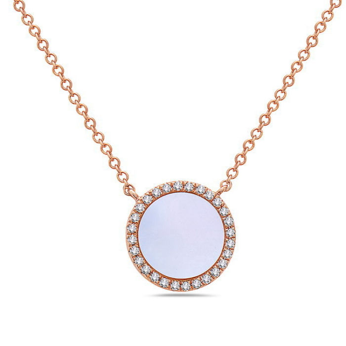 Natural Mother-of-Pearl & Diamond Round Halo Necklace in 14K Rose Gold by Bassali