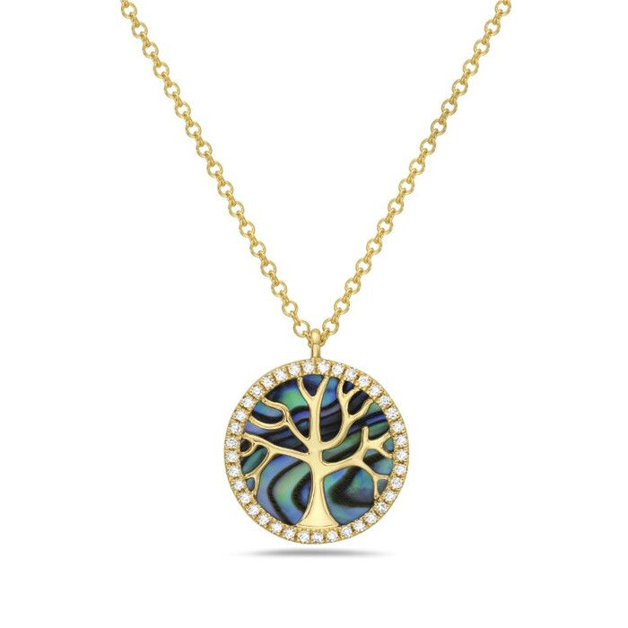 Natural Abalone & Diamond Tree of Life Medallion Necklace in 14K Yellow Gold by Bassali