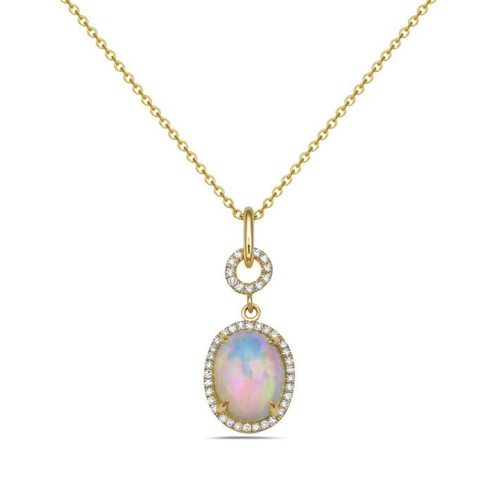Natural Opal & Diamond Classic Halo Pendant in 14K Yellow Gold by Bassali