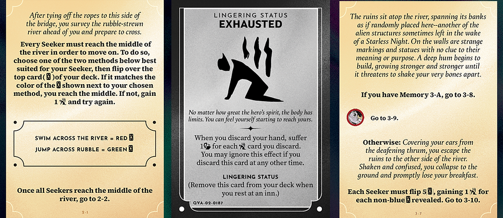 the first skill check card requires players to choose how to cross a river: flip red cards (swimming) or flip green cards (jumping across rubble). The second has an option to bypass the check if Asha is in the party, otherwise each seeker must flip 5 cards, gaining an exhaustion for every non-blue card flipped