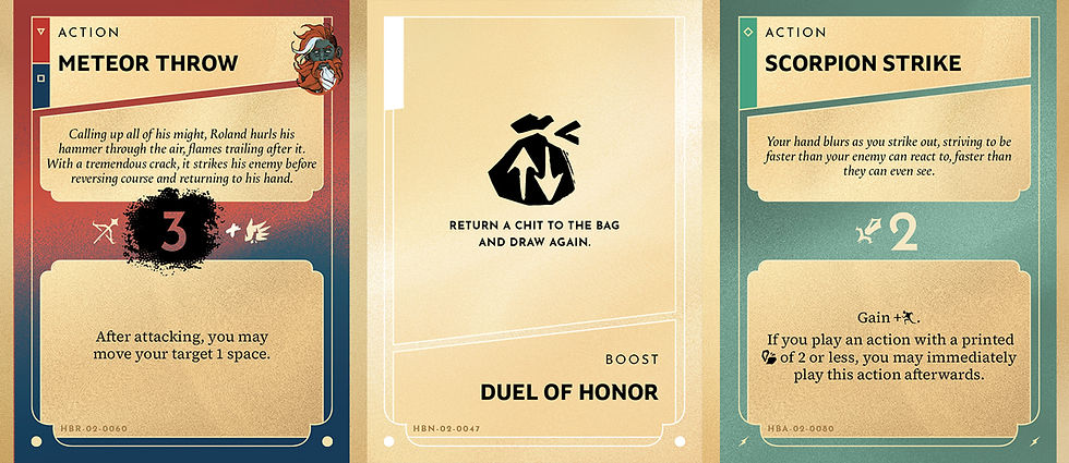 Meteor Throw: Ranged attack, 3 aggressive damage (draws enemy focus), adds a hurt card. Duel of Honor: Return a chit to the bag and draw again. Scorpion's Strike: Melee attack. 2 non-aggressive damage. Player gains an additional space of movement