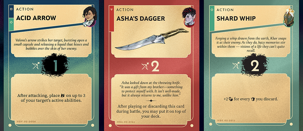 3 cards belonging to Valora, Asha, and Khor respectively. The flavor text uses the character names specifically, indicating they can't be used by other characters