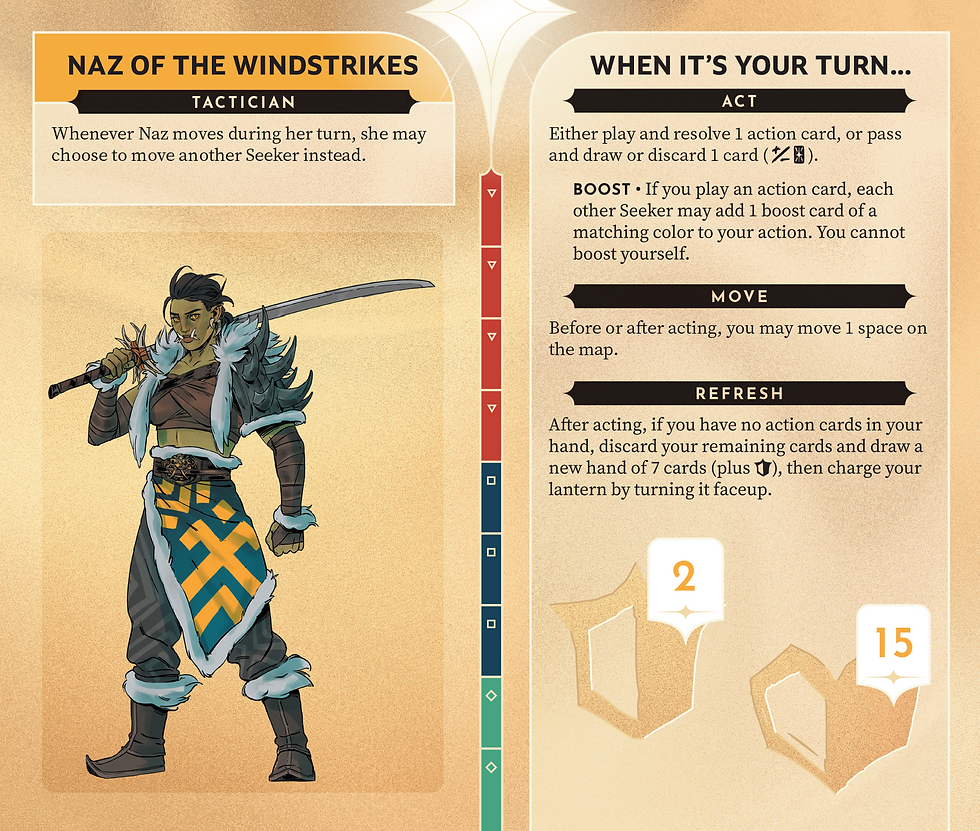 Naz's Seeker sheet featuring her passive ability: Tactician. Whenever Naz moves during her turn, she may choose to move another Seeker instead. Naz starts with 14 health and 2 armor