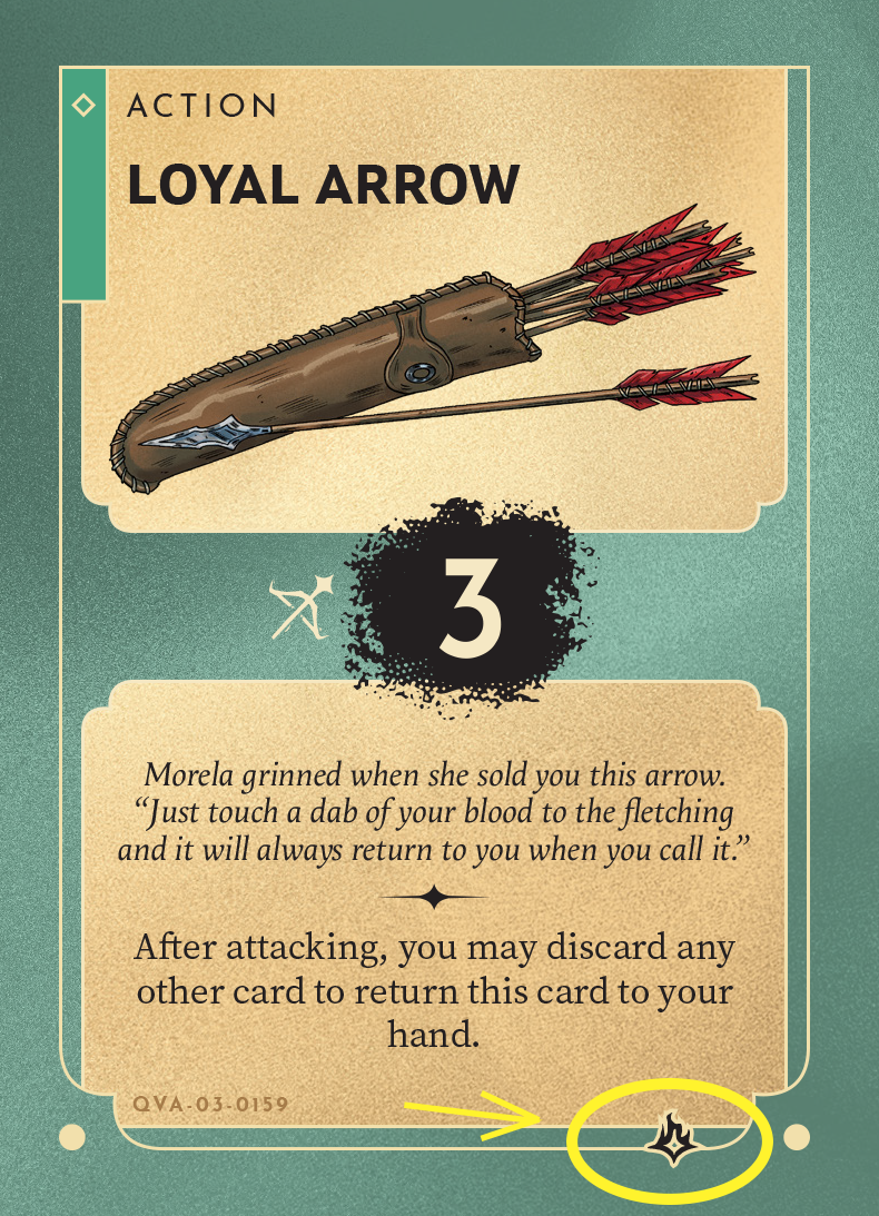 The "Loyal Arrow" card showing 1 kinfire in the bottom right corner