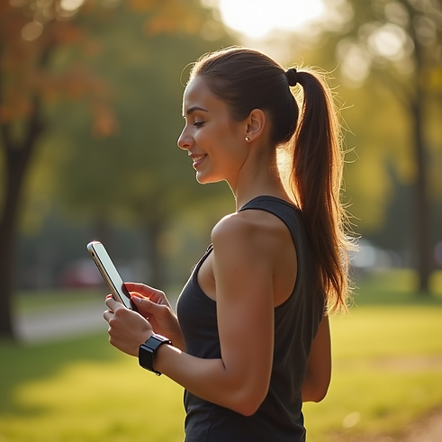 lifestyle photography woman checking fitness tracker natural daylight park setting warm to