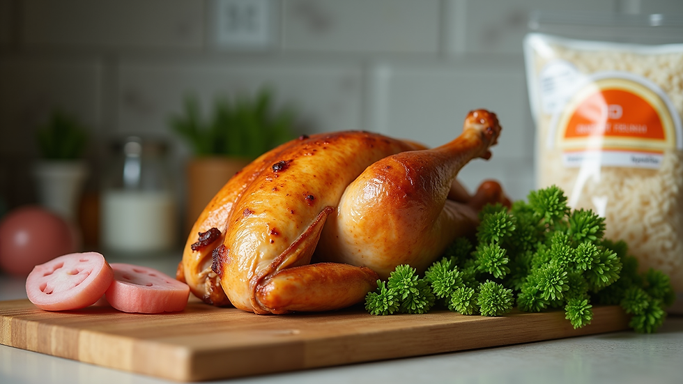 Eye-level view of a kitchen counter with rotisserie chicken, frozen vegetables, and microwavable rice packets ready for quick meal preparation