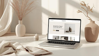 Create a clean, minimal scene with a laptop open to a refined website design in a soft, ne