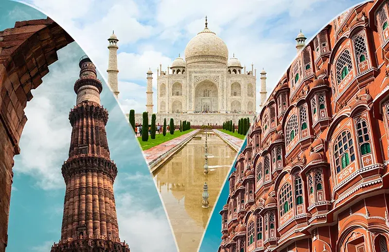 Historic landmarks split in three: Qutub Minar to the left, Taj Mahal centered with reflective pool, and Hawa Mahal's detailed facade right.