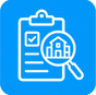 Ícone de vistoria cautelar com checklist e lupa sobre imóvel