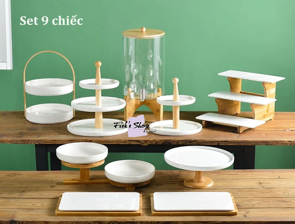 Hình thu nhỏ: Khay đựng bánh sinh nhật, điểm tâm set gỗ sứ trắng