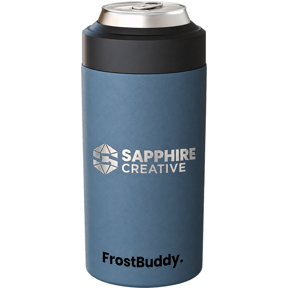blue can cooler with silver engraved logo.
