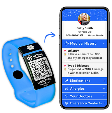myqrmed medical alert bracelet with qr code next to a phone showing medical profile when scanned