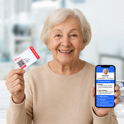 elderly lady holding a myqrmed medical alert card and a phone displaying her profile