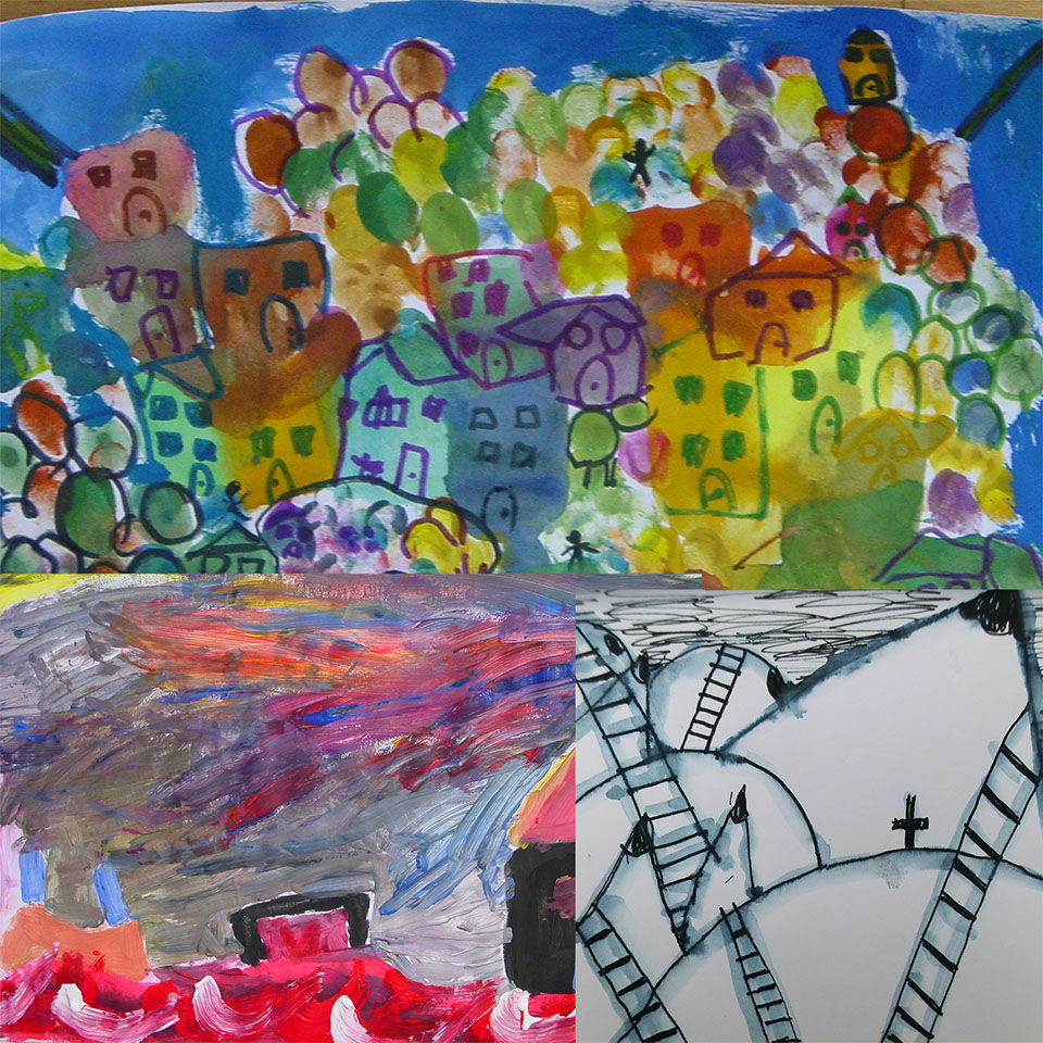 Kinderzeichnungen zum Thema Stadtansichten aus der Ferienkunstwoche im Atelier im Hinterhof Fürth
