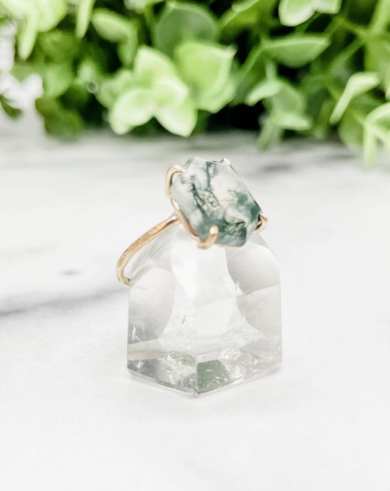 Moss Agate Large Hexagon Ring - Gold Filled