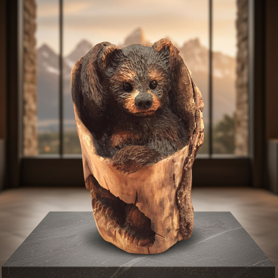 The Itchy Teton Bear, a hand-carved black bear cub