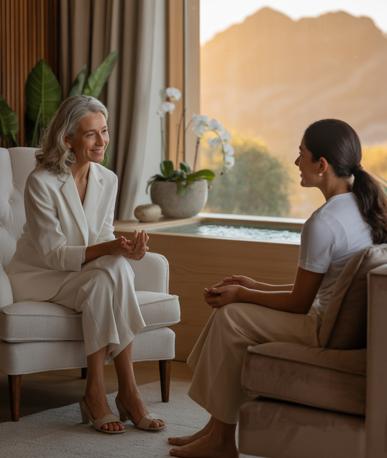 Therapist providing ketamine-assisted psychotherapy in a serene Wyoming office with mountain views, supportive and trauma-inf