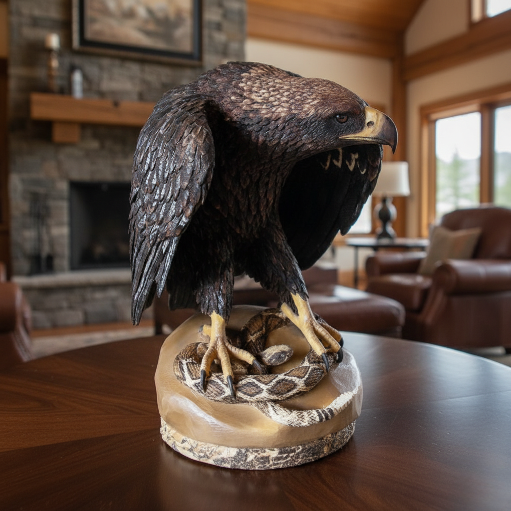 Hand-carved hawk striking a rattlesnake by Jesse LaBenne