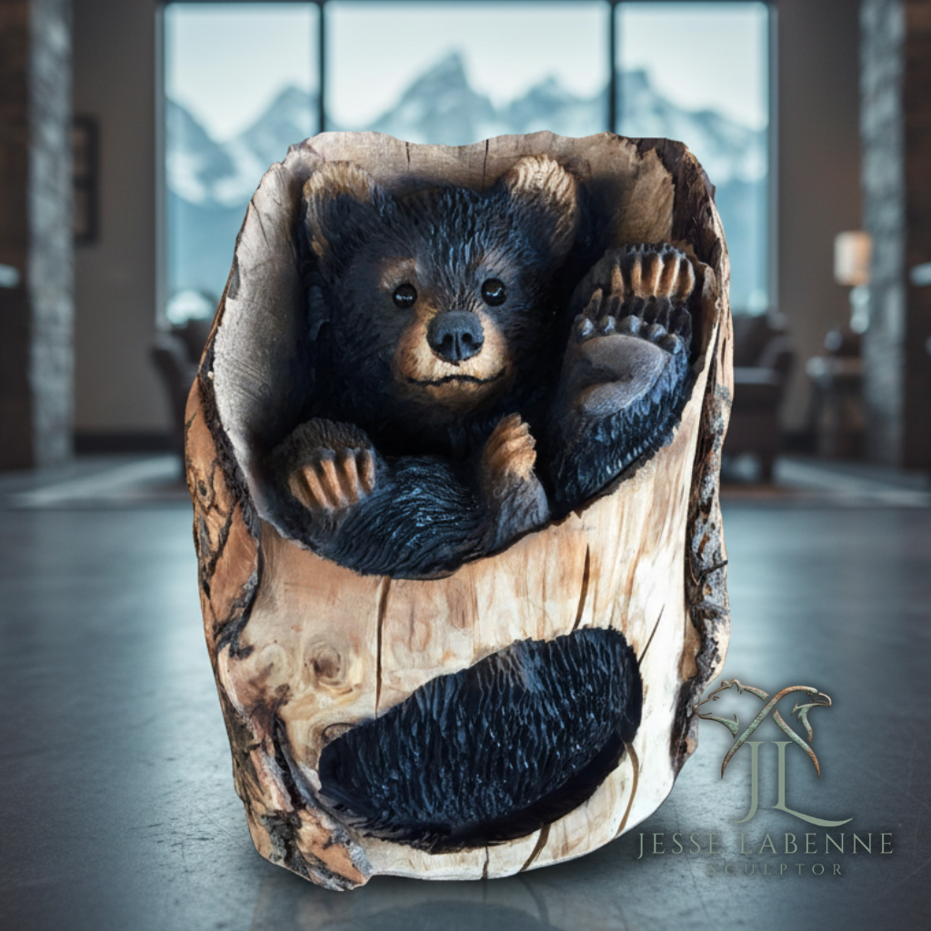 The Teton Tumble Bear, a hand-carved bear cub