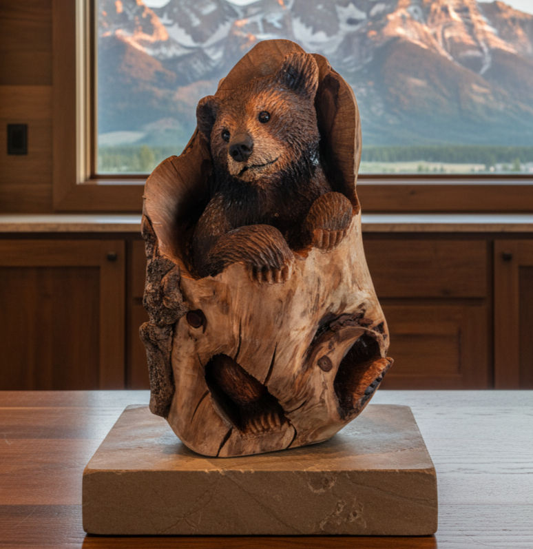 The Teton Cling Bear, a young black bear carved into a hollow log