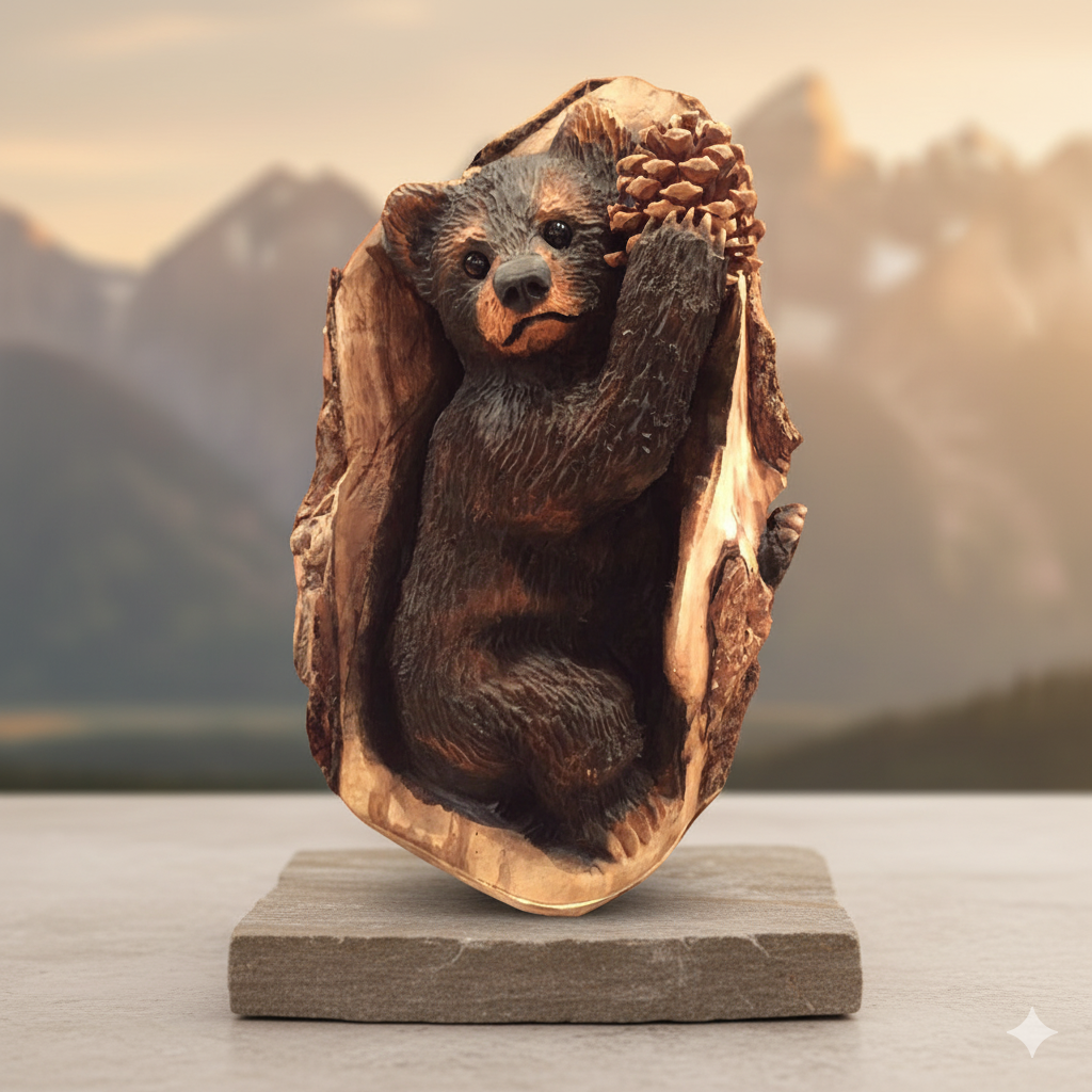 The Little Pine Gatherer, a hand-carved bear cub