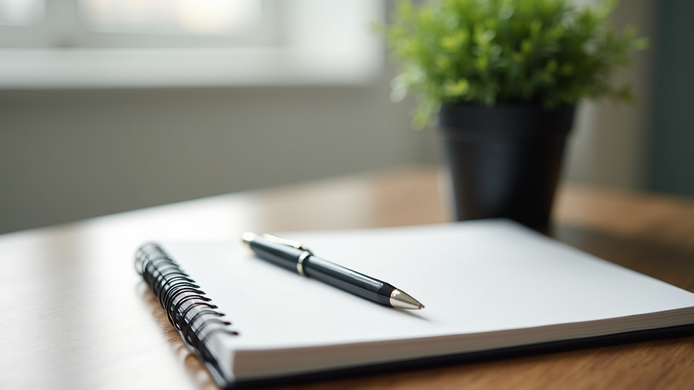 Close-up view of a therapist’s desk with a notebook, pen, and calming plant