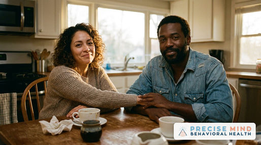 Couple holding hands across a kitchen table after an argument, learning how to stop fighting in a relationship