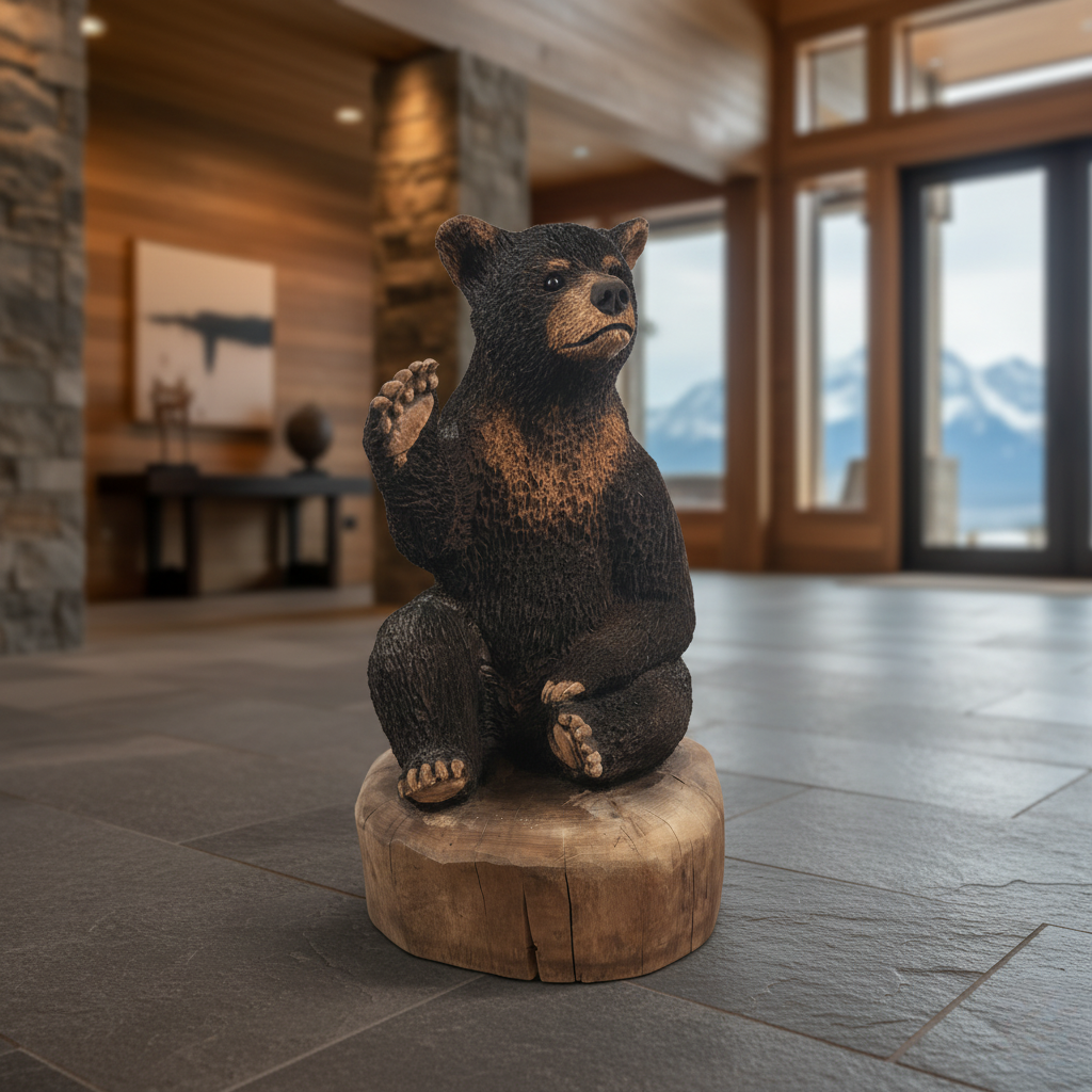 The Teton Welcome Bear, a hand-carved grizzly cub waving