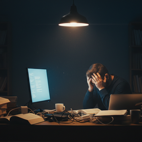 Person experiencing burnout and mental exhaustion while working late
