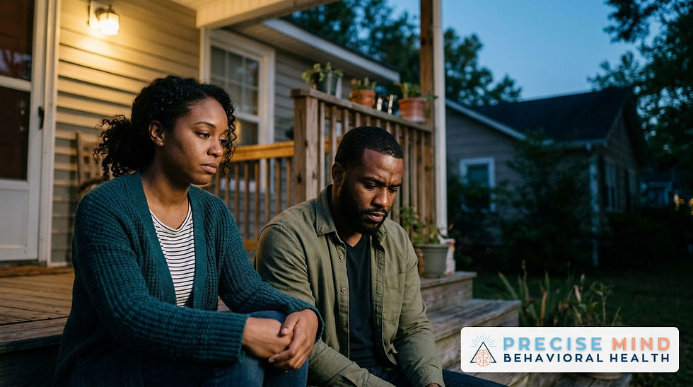 Couple talking quietly on porch steps at dusk as one partner faces the painful thought, "My partner doesn't love me anymore"