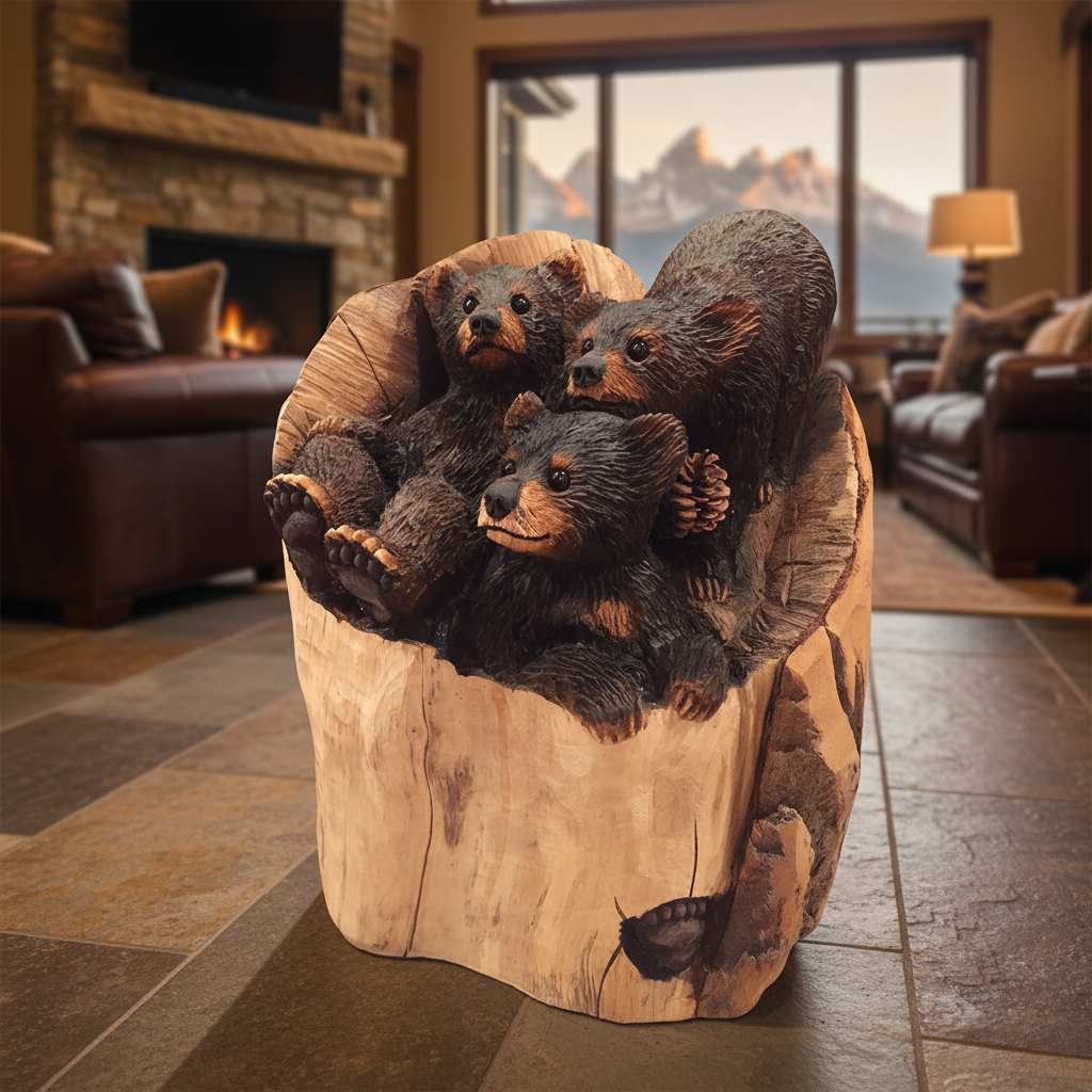 Three Little Tetons, three hand-carved black bear cubs by Jesse LaBenne
