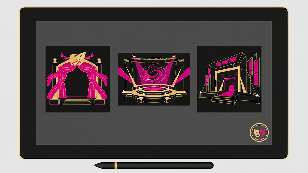 Close-up view of a digital drawing tablet with theater set design sketches