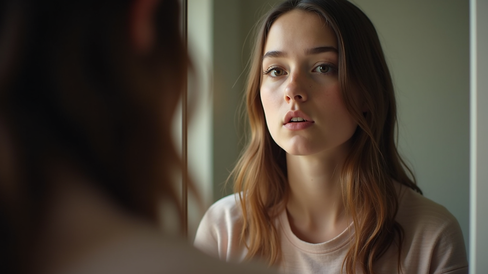 Close-up view of a teen practicing a monologue in front of a mirror