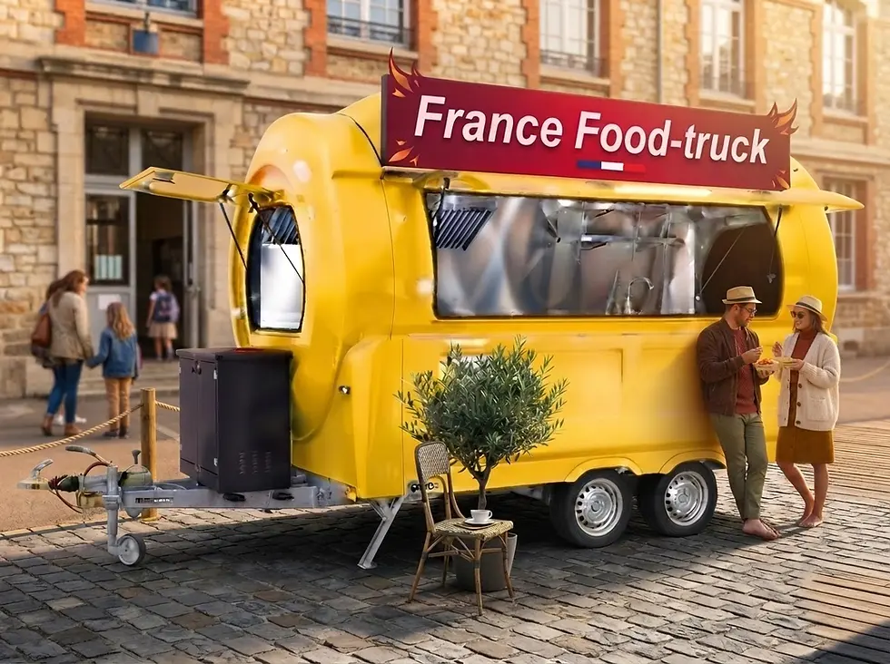 Remorque food-truck équipée jaune France Food-truck en ville