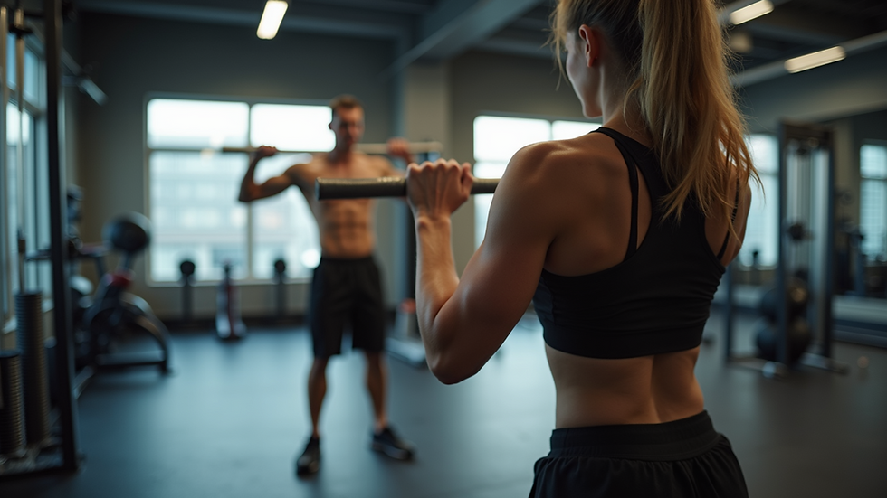 Wide angle view of a personal training session in an indoor gym