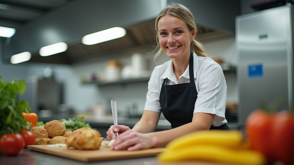 Eye-level view of a school nutrition director smiling while preparing healthy meals