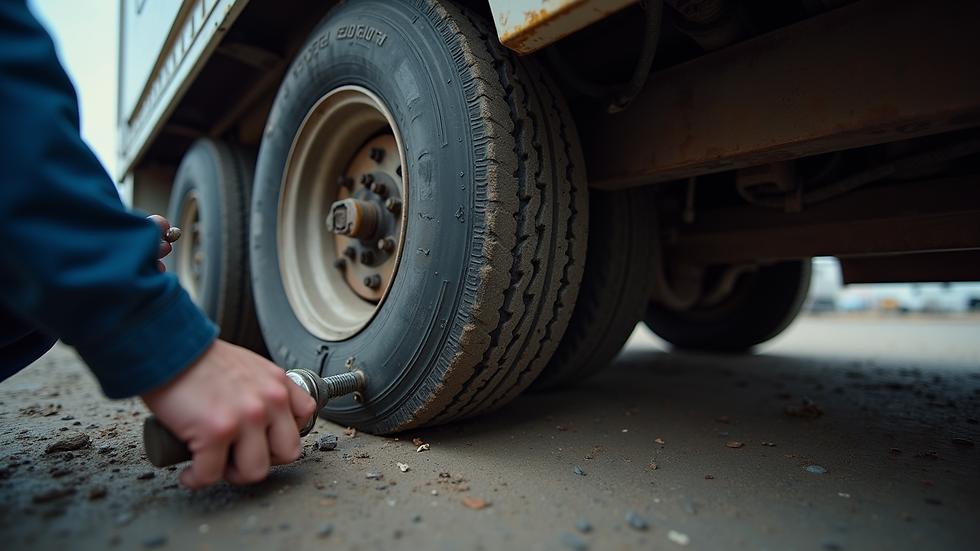 Eye-level view of a mechanic tightening bolts on a trailer axle
